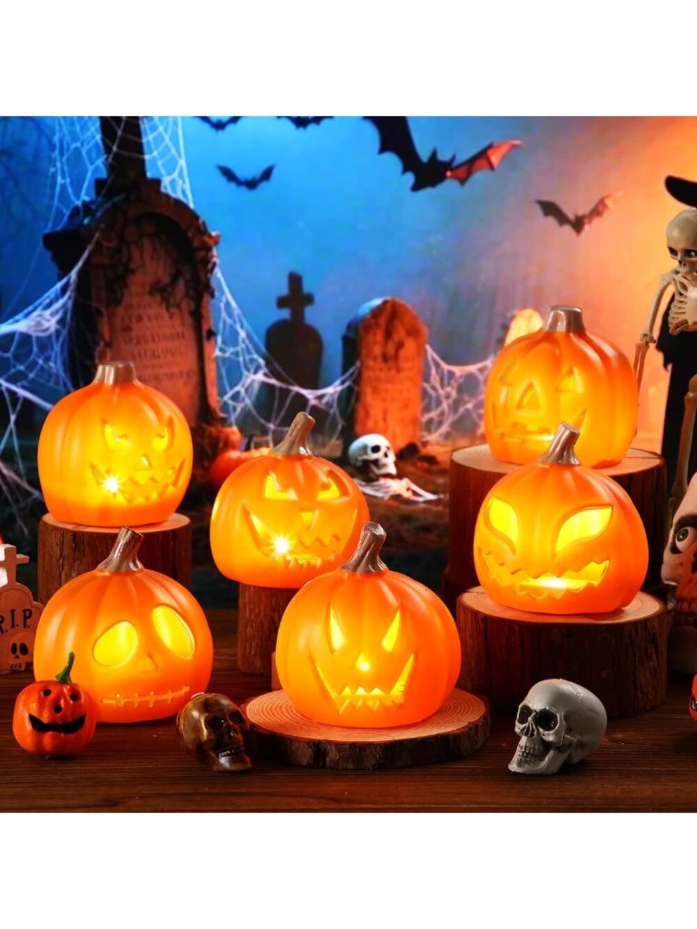 6 Pcs LED Light-Up Halloween Pumpkin Lanterns - Scary Glow Decor for
